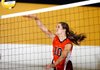 Gravette’s Monica White sends a shot over the net during their semifinal match on Oct. 16 against Pea Ridge during the 4A Northwest Conference tournament at Prairie Grove.