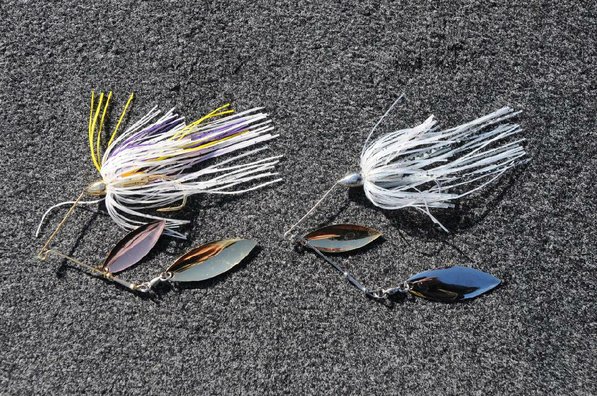 
                           Brashers prefers a chartreuse/white spinner bait, left, on cloudy days. On sunny days, he likes shad colors, such as the green-shad War Eagle spinner bait at right.