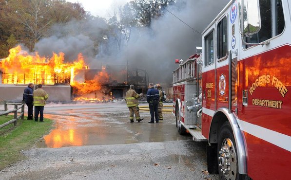 
                               
                                  Photo by Samantha Baker&mdash;
                               
                           
                           Firefighters burn Lakeside Restaurant Friday, Oct. 26, 2012, at Lake Atalanta in Rogers during a training exercise for the Rogers Fire Department and their Rookie Training Academy. 