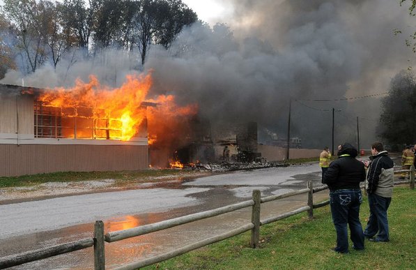 
                               
                                  Photo by Samantha Baker&mdash;
                               
                           
                           Firefighters burn Lakeside Restaurant Friday, Oct. 26, 2012, at Lake Atalanta in Rogers during a training exercise for the Rogers Fire Department and their Rookie Training Academy.