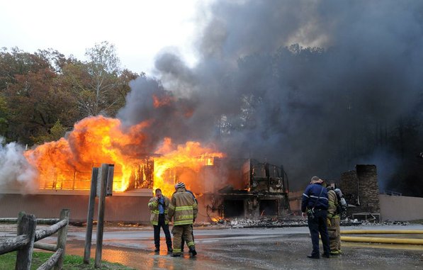 
                               
                                  Photo by Samantha Baker&mdash;
                               
                           
                           Firefighters burn Lakeside Restaurant Friday, Oct. 26, 2012, at Lake Atalanta in Rogers during a training exercise for the Rogers Fire Department and their Rookie Training Academy.