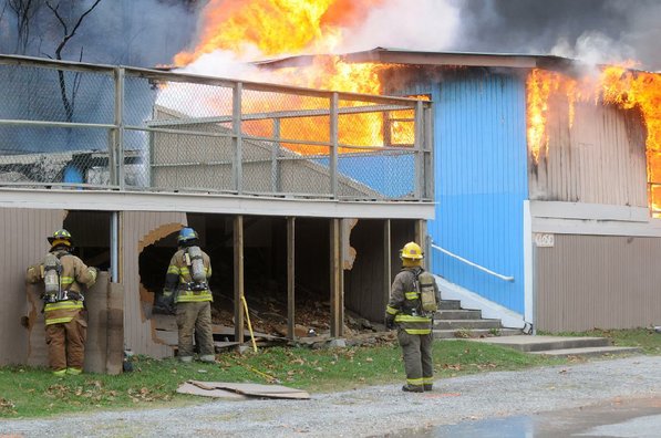 
                               
                                  Photo by Samantha Baker&mdash;
                               
                           
                           Firefighters burn Lakeside Restaurant Friday, Oct. 26, 2012, at Lake Atalanta in Rogers during a training exercise for the Rogers Fire Department and their Rookie Training Academy.