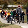 Cyclists make their way south along the newly opened section of the Razorback Greenway on Friday in ...