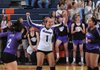 Fayetteville’s Taylor Crockett (from left), Andrea Kathol and Mikayla Avery celebrate a point in the first set against Mount St. Mary on Wednesday in the quarterfinals of the Class 7A state volleyball tournament at Rogers Heritage High School.