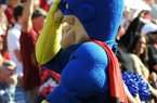 Tulsa mascot Captain ’Cane expresses his dismay after Arkansas recovered a Golden Hurricane fumble in the fourth quarter. The Hurricane had four fumbles in the game and recovered three of them. The Razorbacks fumbled three times and lost one.