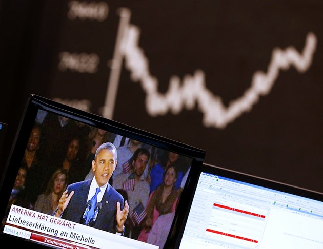 the-curve-of-the-german-stock-index-dax-is-pictured-as-news-about-the-us-election-appears-on-a-television-screen-at-the-stock-market-in-frankfurt-on-wednesday-nov-7-2012