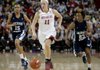 NWA Media/DAVID GOTTSCHALK -- Arkansas' Calli Berna brings the ball down court in front of Jackson State's Demara Howard (15) and Marchetta Parker (23) Friday afternoon at Bud Walton Arena in Fayetteville. Berna scored a career-high 22 points in the 97-58 win. 
