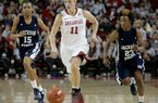 NWA Media/DAVID GOTTSCHALK -- Arkansas' Calli Berna brings the ball down court in front of Jackson State's Demara Howard (15) and Marchetta Parker (23) Friday afternoon at Bud Walton Arena in Fayetteville. Berna scored a career-high 22 points in the 97-58 win. 