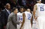 Kentucky head coach John Calipari talks to his team during the second half of an NCAA college basketball game against Maryland in the Barclays Center Classic, Friday, Nov. 9, 2012, in New York. Kentucky won 72-69. (AP Photo/Jason Decrow)