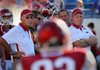 Arkansas Democrat-Gazette/STEPHEN B. THORNTON -- Arkansas coach John L. Smith, left, and offensive coordinator Paul Petrino, right, before the start of their game with Lousiana-Monroe at War Memorial Stadium in Little Rock.