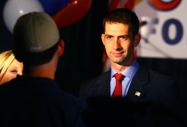 5222012-arkansas-democrat-gazettestephen-b-thornton-republican-tom-cotton-waits-to-do-a-televison-interview-during-a-watch-party-in-hot-springs-tuesday-evening-for-cottons-bid-to-be-the-republican-nominee-for-the-race-for-arkansas-4th-district-congresion-seat