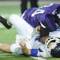 Taryll Henry, top, a Fayetteville senior defensive end, sacks Conway senior quarterback Cody Rhoades...