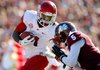 NWA Media/JASON IVESTER -- Arkansas senior wide receiver Cobi Hamilton is hit by Mississippi State junior Nicoe Whitley after making a touchdown catch during the first quarter on Saturday, Nov. 17, 2012, at Davis Wade Stadium in Starkville, Miss.