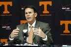 Tennessee athletic director Dave Hart speaks to reporters at a news conference on Sunday, Nov. 18, 2012, in Knoxville, Tenn., after it was announced that head football coach Derek Dooley would be replaced by offensive coordinator Jim Chaney for the final SEC regular season game against Kentucky. (AP Photo/Wade Payne)