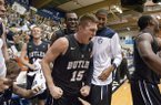 Butler guard Rotnei Clarke (15) and his teammates celebrates Clarke's 3-point shot in the second half of an NCAA college basketball game Monday, Nov. 19, 2012, in Lahaina, Hawaii. Clarke's last-second 3-pointer gave Butler a 72-71 win. (AP Photo/Eugene Tanner)