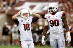 NWA Media/JASON IVESTER -- Arkansas kicker Zach Hocker (left) and defensive end Colton Miles-Nash look on after a missed field goal during the third quarter against Texas A&M on Saturday, Sept. 29, 2012, at Kyle Field in College Station, Texas.