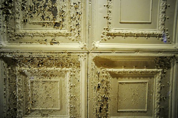 
                               
                                  Photo by Michael Woods&mdash;
                               
                           
                           Cracking paint on the ceilings on the third floor of the old Dixieland shoe store on the corner of Walnut and 1st street in Rogers Wednesday morning.  John Mack, owner of JKJ Architects, recently purchase the former Dixieland Shoe store. He is restoring the building which includes the Opera House on the second floor, once a grand theater.