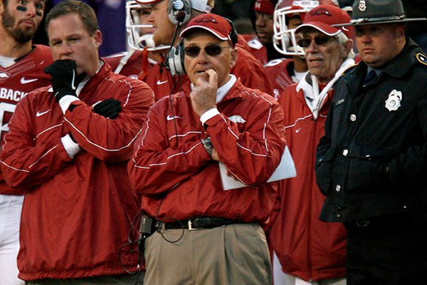 NWA Media/JASON IVESTER -- Arkansas head coach John L. Smith watches from the sideline during the fourth quarter against LSU on Friday, Nov. 23, 2012, at Donald W. Reynolds Razorback Stadium in Fayetteville.