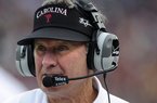 South Carolina head coach Steve Spurrier watches replay on the jumbo screen during the second half of an NCAA college football game against Wofford, Saturday, Nov. 17, 2012, in Columbia, S.C. South Carolina beat Wofford 24-7. (AP Photo/Stephen Morton)