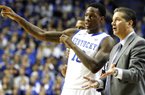 Kentucky's Archie Goodwin, left, speaks with head coach John Calipari during the second half of an NCAA college basketball game against LIU Brooklyn at Rupp Arena in Lexington, Ky., Friday, Nov. 23, 2012. Kentucky won 104-75. (AP Photo/James Crisp)