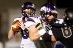 STAFF PHOTO JASON IVESTER -- Fayetteville senior quarterback Austin Allen drops back to pass against Bentonville during the first half on Friday, Nov. 2, 2012, at Tiger Stadium in Bentonville.