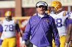NWA Media/ANDY SHUPE -- LSU coach Les Miles speaks Friday, Nov. 23, 2012, on the sidelines during the second quarter against Arkansas at Razorback Stadium.
