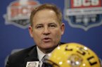 LSU head coach Les Miles speaks during a news conferemce for the BCS National Championship college football game Sunday, Jan. 8, 2012, in New Orleans. LSU faces Alabama on Monday, Jan 9, 2012. (AP Photo/David J. Phillip)
