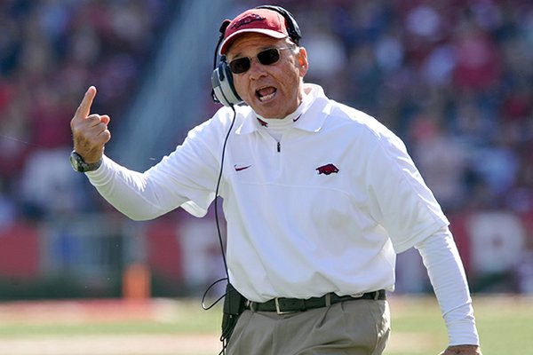 NWA Media/ MICHAEL WOODS --John L. Smith reacts to a call in the fourth quarter of Arkansas' Nov. 3 game against Tulsa at Donald W. Reynolds Razorback Stadium in Fayetteville. 
