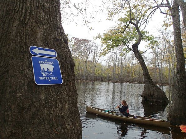 
                           Prominent signs are placed at access areas along Arkansas Water Trails. The route is marked with small blazes that don't detract from the beauty of the swamp. Kirsten Bartlow heads out from the Lake Hickson access along Bayou De View.     