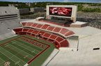 An artist's rendering shows an aerial view of the north end zone at Donald W. Reynolds Razorback Stadium following expansion. 