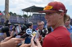 Arkansas Democrat-Gazette/MICHAEL WOODS -- Arkansas pitcher Ryne Stanek talks with reporters after a June practice in Bellevue, Neb. 