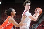 NWA MEDIA/SAMANTHA BAKER -- Arkansas' Sarah Watkins right, moves around the outside of Keitra Wallace of Pepperdine Sunday, Dec. 2, 2012, at Bud Walton Arena in Fayetteville. Watkins scored 18 points for the Razorbacks, beating Pepperdine, 64-39.