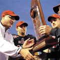 Arkansas State head coach Gus Malzahn, from left, quarterback Ryan Aplin and linebacker Nathan Herro...