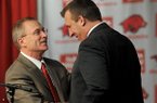 NWA Media/MICHAEL WOODS --12/05/2012-- Bret Bielema, the new University of Arkansas head football coach is introduced by athletics director Jeff Long during a press conference Wednesday afternoon. 