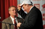 NWA Media/MICHAEL WOODS --12/05/2012-- Bret Bielema, the new University of Arkansas head football coach is introduced by athletics director Jeff Long during a press conference Wednesday. 