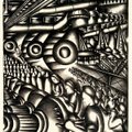 Jolan Gross-Bettelheim’s “Assembly Line (Home Front),” from 1942, illustrates lithograph printing in...