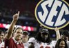 Alabama head coach Nick Saban and running back Eddie Lacy after their 32-28 win in the Southeastern Conference championship NCAA college football game against Georgia, Saturday, Dec. 1, 2012, in Atlanta. (AP Photo/David Goldman)