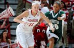 NWA Media/ANTHONY REYES -- Arkansas sophomore Calli Berna (11) steals the ball from Mississippi Valley State senior Lenise Stallings (20) in the first half Wednesday, Dec. 19, 2012 at Bud Walton Arena in Fayetteville.
