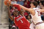Sophomore forward Hunter Mickelson, who scored a career-high 16 points against Robert Morris, said the players understand they need to stay sharp tonight. Mickelson blocks a shot during Arkansas' game against Houston last November at Verizon Arena. The Razorbacks have lost three straight games in North Little Rock.