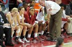 Arkansas women’s Coach Tom Collen talks with his team during the first half of Friday’s game against Northwestern State at Walton Arena in Fayetteville. Arkansas won 80-41.