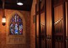 The Nativity window at First Presbyterian Church in downtown Little Rock includes three large panels — shepherds on one side, wise men on the other, and Mary and Jesus in the center. 