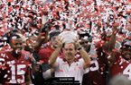 Alabama head coach Nick Saban celebrates with his team after the BCS National Championship against LSU on Monday, Jan. 9, 2012, in New Orleans. Alabama won 21-0. (AP Photo/Gerald Herbert)