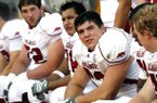 Arkansas center Jonathan Luigs looks toward the scoreboard during the fourth quarter against Texas Saturday, Sept. 27, 2008, at Darrell K Royal-Texas Memorial Stadium in Austin.