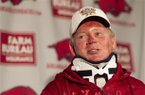 Arkansas football coach Bobby Petrino speaks during a news conference in Fayetteville on Tuesday, April 3, 2012, after being released from a hospital. 