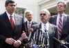 Mike Ross (left) listens to Henry Waxman, along with other House Blue Dog Democrats Baron Hill and Frank Pallone (right), after a meeting on health-care legislation with President Barack Obama on July 21, 2009. 
