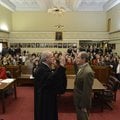 Doug Schrantz, left, Benton County Circuit Judge, swears in Benton County District 1 Justice of the ...