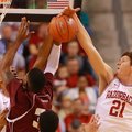 Arkansas sophomore Hunter Mickelson (21) blocks a shot during Arkansas' win over Alabama A&M at Veri...