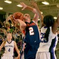 Ashley Ward of Rogers Heritage is fouled by Fayetteville forward Vanessa Matlock, right, as Ward tri...