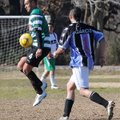 Mazza Eduardo Ayala, left, playing for the Cachorros, stops the ball with his stomach Sunday at Vete...