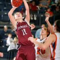 Brittany Jurgens, left, a Springdale senior, attempts a shot under the basket against Rogers Heritag...